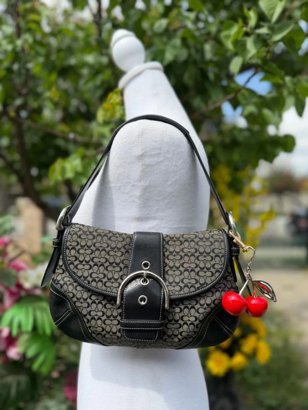 Coach Black and Brown Signature Canvas Shoulder Bag with Cherry Charm